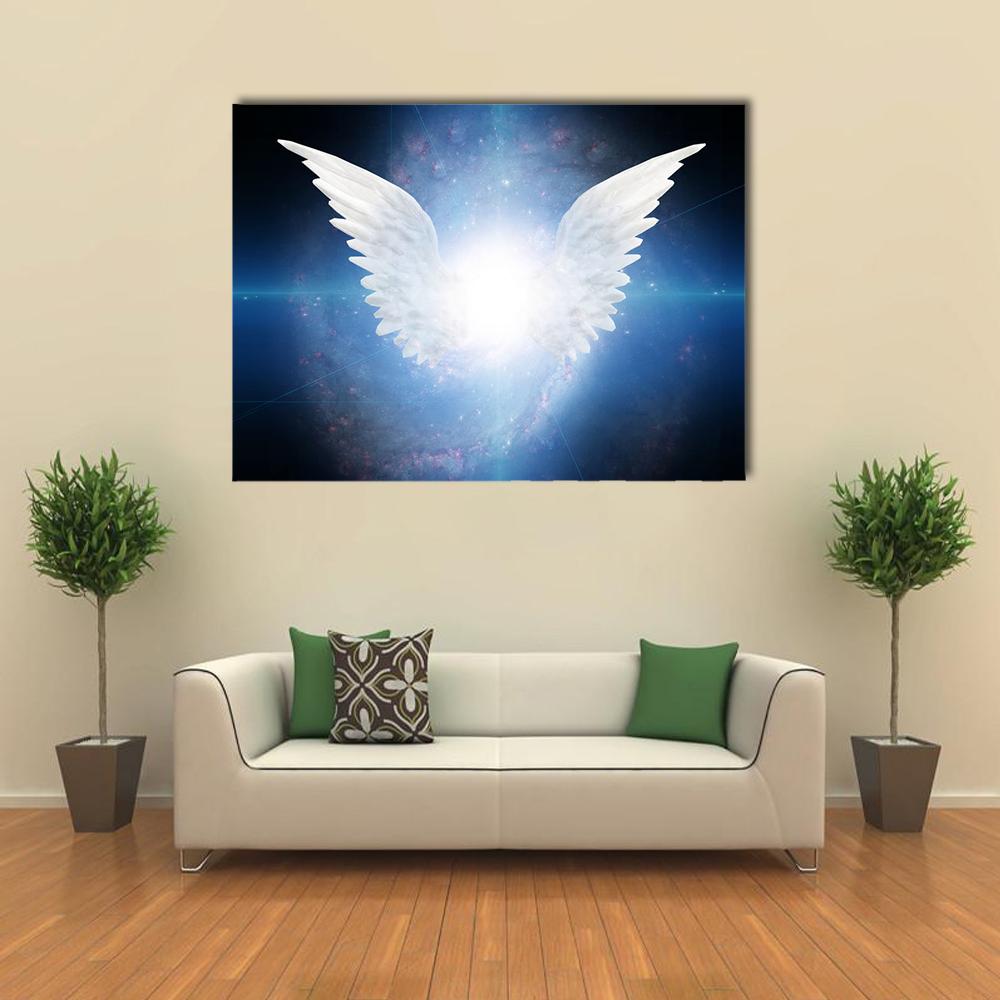 White Angel in Cosmic Light Canvas Wall Art in black, white and blue, single panel hung on a wall