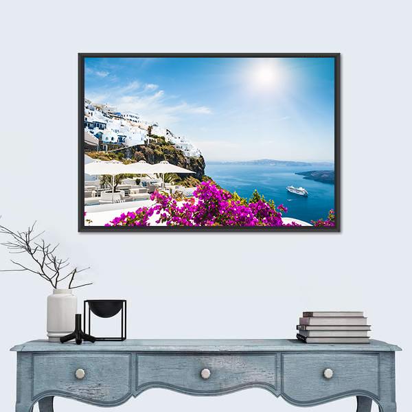 White Architecture on Santorini Island Canvas Wall Art in white, blue and purple, framed canvas, product view on a white background