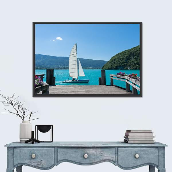 White Boat Is Sailing Canvas Wall Art-1 Piece-Floating Frame-24" x 16"-Tiaracle