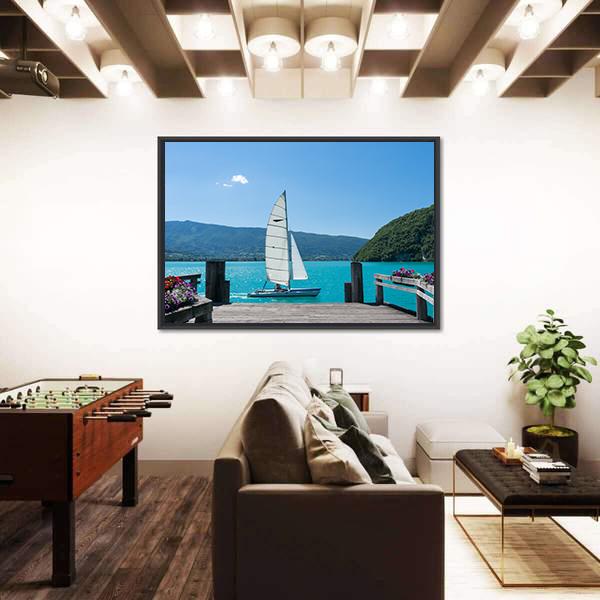 White Boat Is Sailing Canvas Wall Art-5 Horizontal-Gallery Wrap-22" x 12"-Tiaracle
