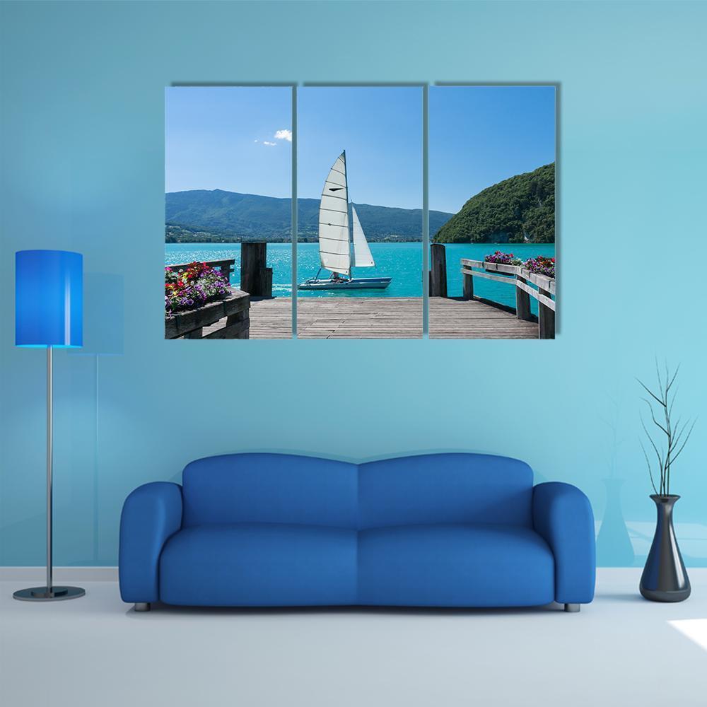 White Boat Is Sailing Canvas Wall Art-3 Horizontal-Gallery Wrap-37" x 24"-Tiaracle