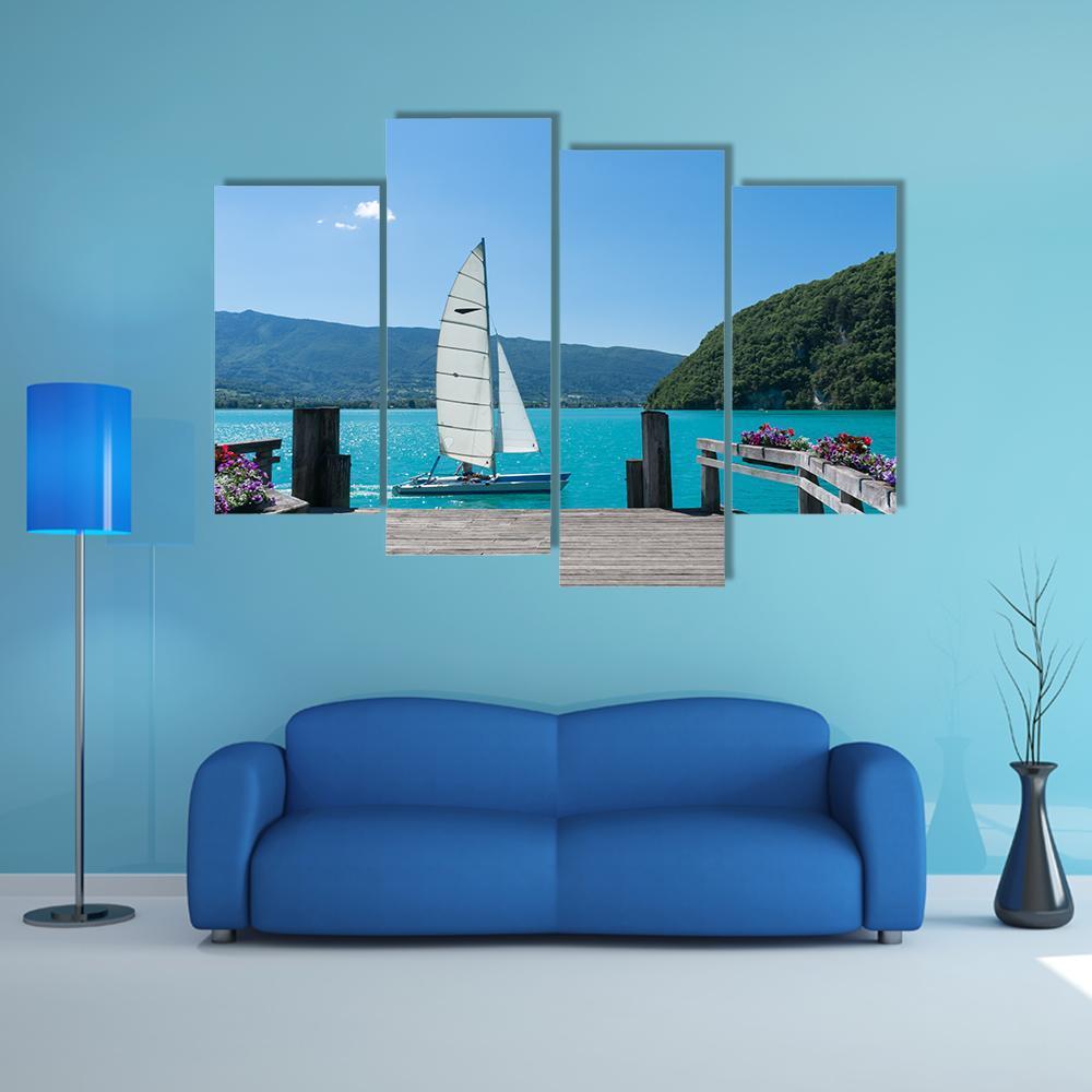 White Boat Is Sailing Canvas Wall Art-4 Pop-Gallery Wrap-50" x 32"-Tiaracle