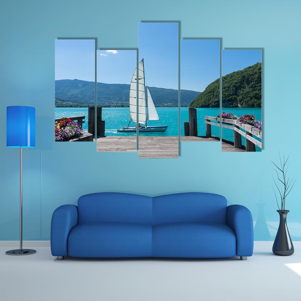 White Boat Is Sailing Canvas Wall Art-5 Pop-Gallery Wrap-47" x 32"-Tiaracle