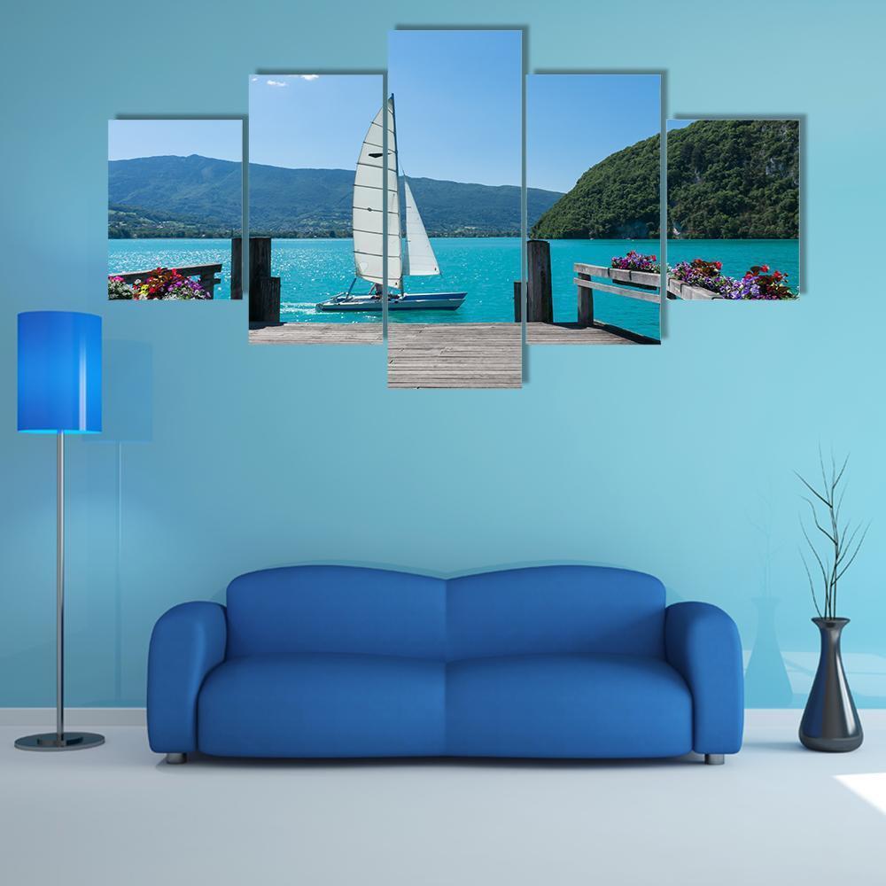 White Boat Is Sailing Canvas Wall Art-5 Star-Gallery Wrap-62" x 32"-Tiaracle