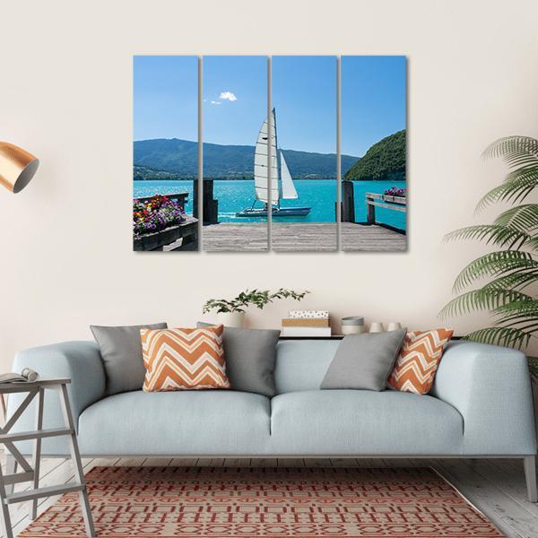 White Boat Is Sailing Canvas Wall Art-4 Horizontal-Gallery Wrap-34" x 24"-Tiaracle