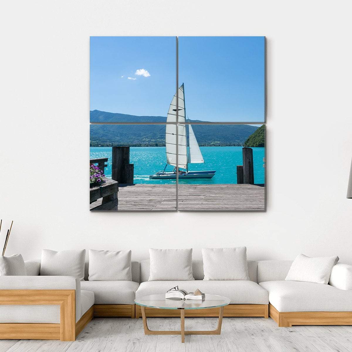 White Boat Is Sailing Canvas Wall Art-4 Square-Gallery Wrap-17" x 17"-Tiaracle
