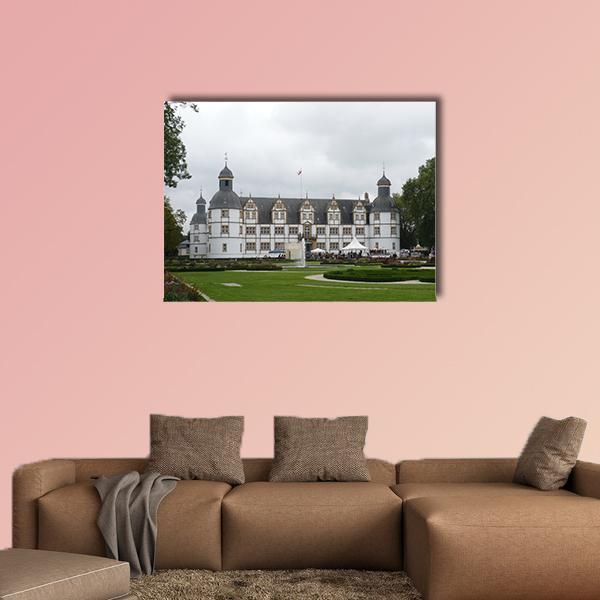 White Renaissance Castle with Domed Turrets Canvas Wall Art in white, gray and green, single panel hung on a wall