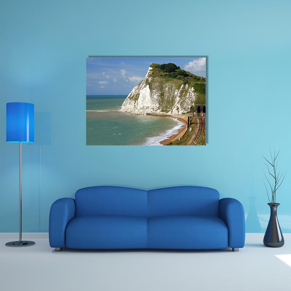 White Cliffs and Coastal Railway Canvas Wall Art in white, green and blue, single panel hung on a wall