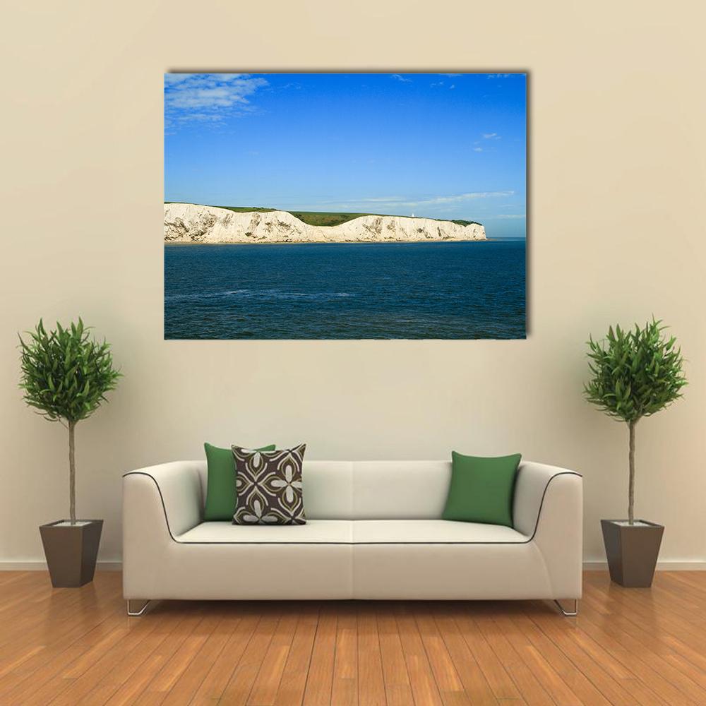 White Cliffs of Dover Seascape Canvas Wall Art in white, green and blue, single panel hung on a wall
