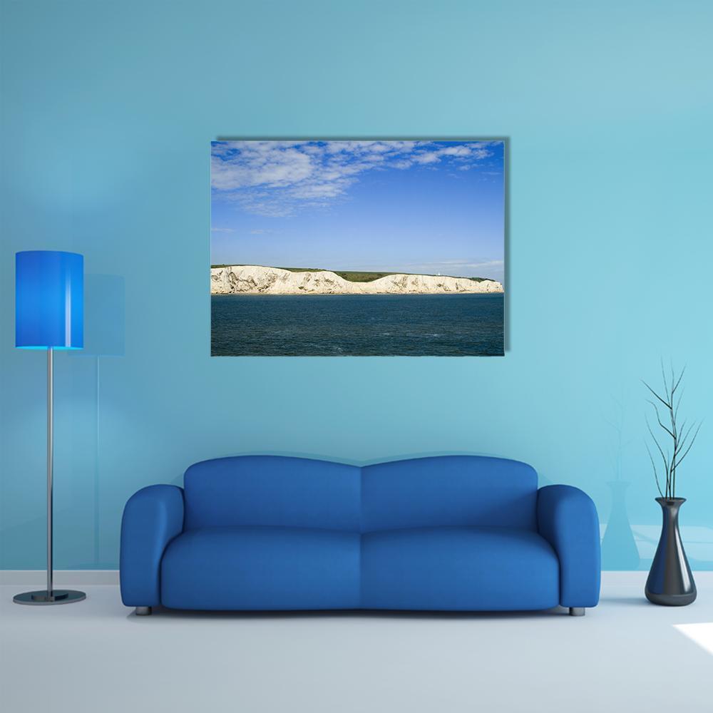 White Cliffs of Dover from the Sea Canvas Wall Art in white, blue and navy, single panel hung on a wall