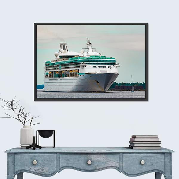White Cruise Liner In Riga City Canvas Wall Art-1 Piece-Floating Frame-24" x 16"-Tiaracle