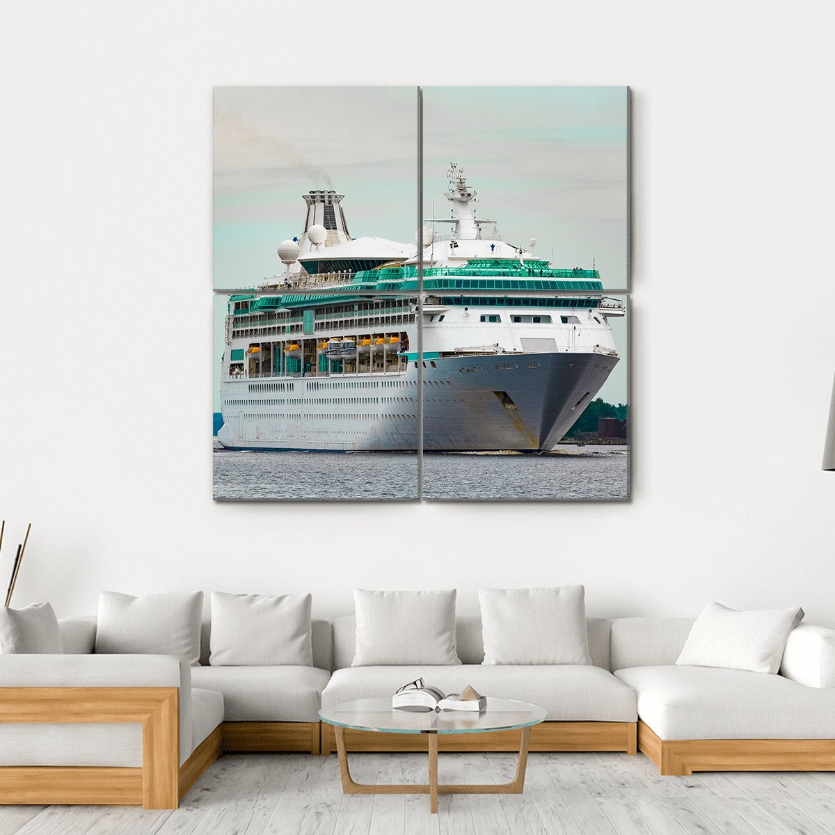 White Cruise Liner In Riga City Canvas Wall Art-4 Square-Gallery Wrap-17" x 17"-Tiaracle