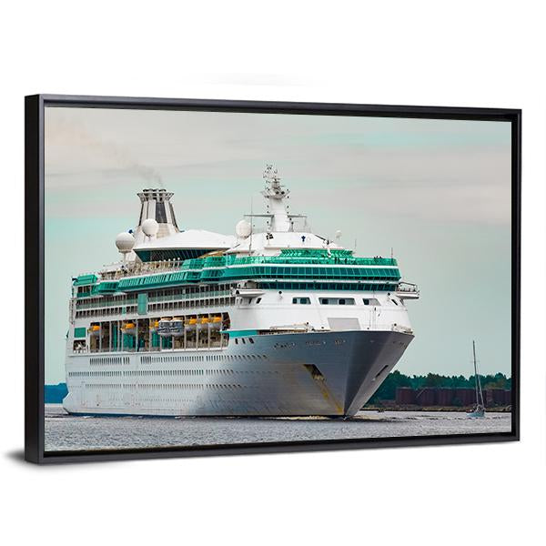 White Cruise Liner In Riga City Canvas Wall Art-3 Horizontal-Gallery Wrap-25" x 16"-Tiaracle