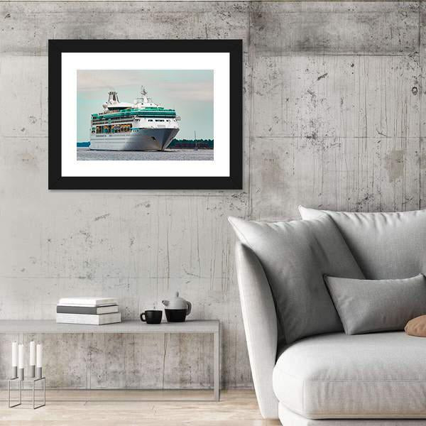 White Cruise Liner In Riga City Canvas Wall Art-3 Horizontal-Gallery Wrap-25" x 16"-Tiaracle