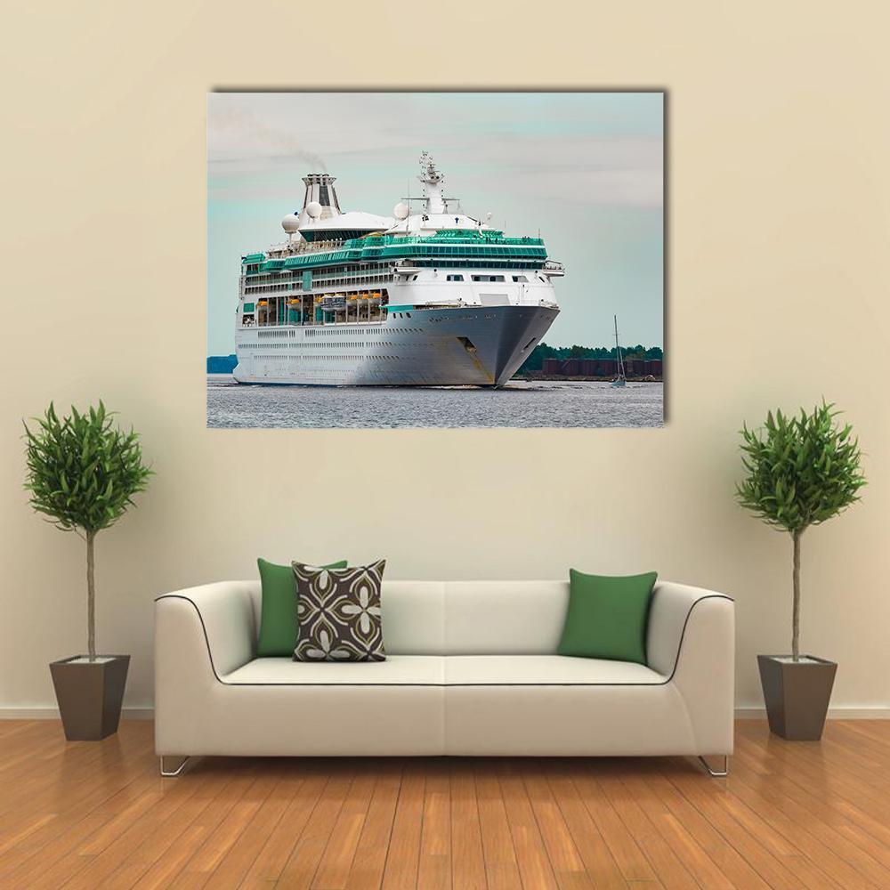 White Cruise Liner In Riga City Canvas Wall Art-1 Piece-Gallery Wrap-48" x 32"-Tiaracle