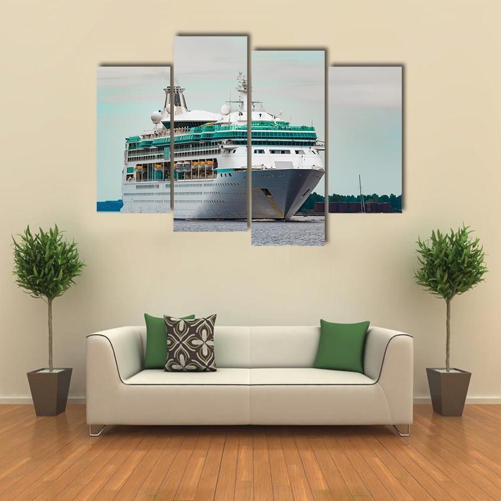 White Cruise Liner In Riga City Canvas Wall Art-4 Pop-Gallery Wrap-50" x 32"-Tiaracle