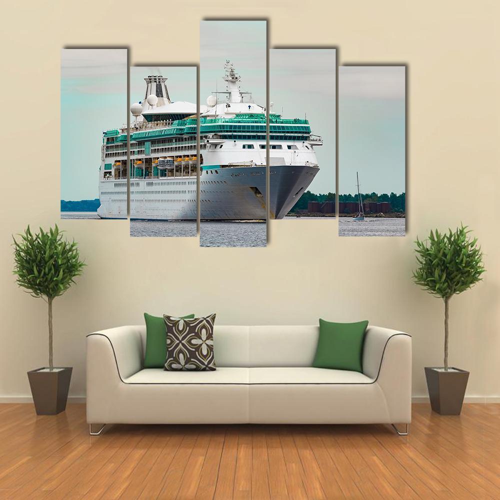 White Cruise Liner In Riga City Canvas Wall Art-5 Pop-Gallery Wrap-47" x 32"-Tiaracle