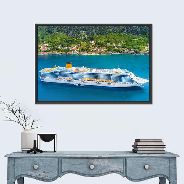 White Cruise Ship In The Bay Canvas Wall Art-1 Piece-Floating Frame-24" x 16"-Tiaracle