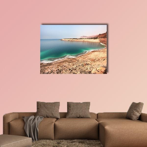 Dead Sea Shoreline with White Salt Formations Canvas Wall Art in beige, brown and blue, single panel hung on a wall