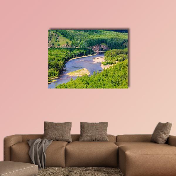 White Deer Island Mongolia Canvas Wall Art in green and blue, single panel hung on a wall
