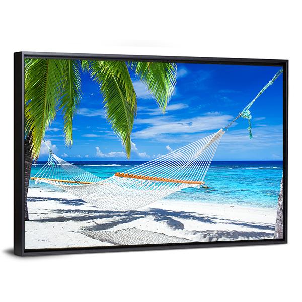 White Hammock On Beach Canvas Wall Art-3 Horizontal-Gallery Wrap-25" x 16"-Tiaracle