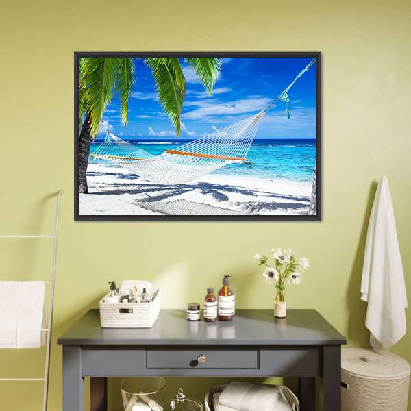 White Hammock On Beach Canvas Wall Art-1 Piece-Floating Frame-24" x 16"-Tiaracle
