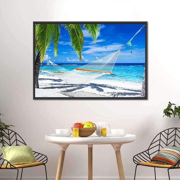 White Hammock On Beach Canvas Wall Art-3 Horizontal-Gallery Wrap-25" x 16"-Tiaracle
