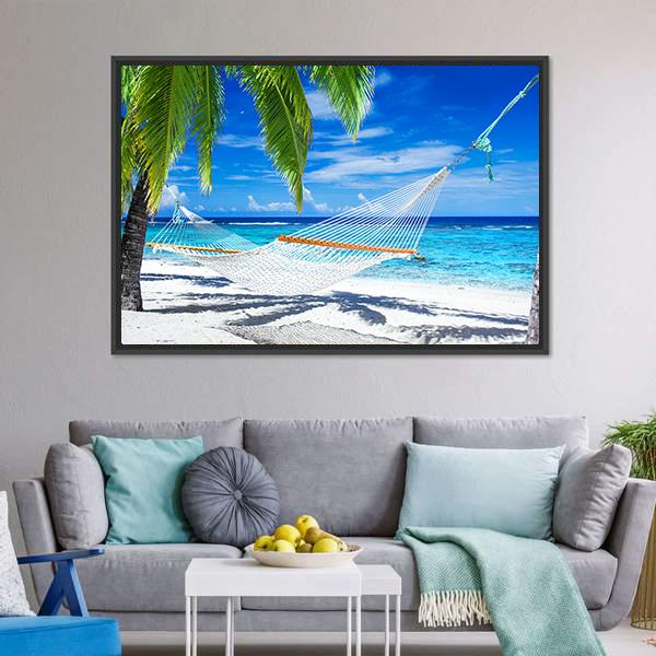 White Hammock On Beach Canvas Wall Art-3 Horizontal-Gallery Wrap-25" x 16"-Tiaracle