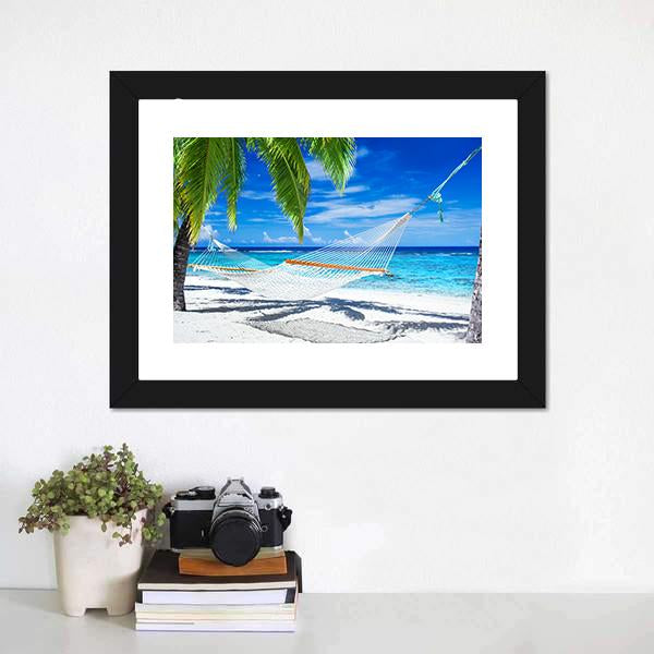 White Hammock On Beach Canvas Wall Art-1 Piece-Framed Print-20&quot; x 16&quot;-Tiaracle