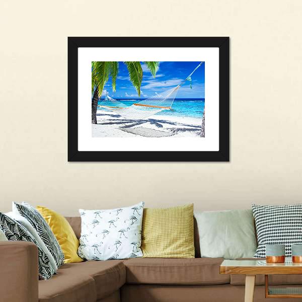 White Hammock On Beach Canvas Wall Art-3 Horizontal-Gallery Wrap-25&quot; x 16&quot;-Tiaracle