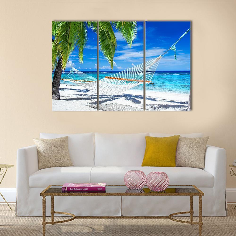White Hammock On Beach Canvas Wall Art-3 Horizontal-Gallery Wrap-37" x 24"-Tiaracle