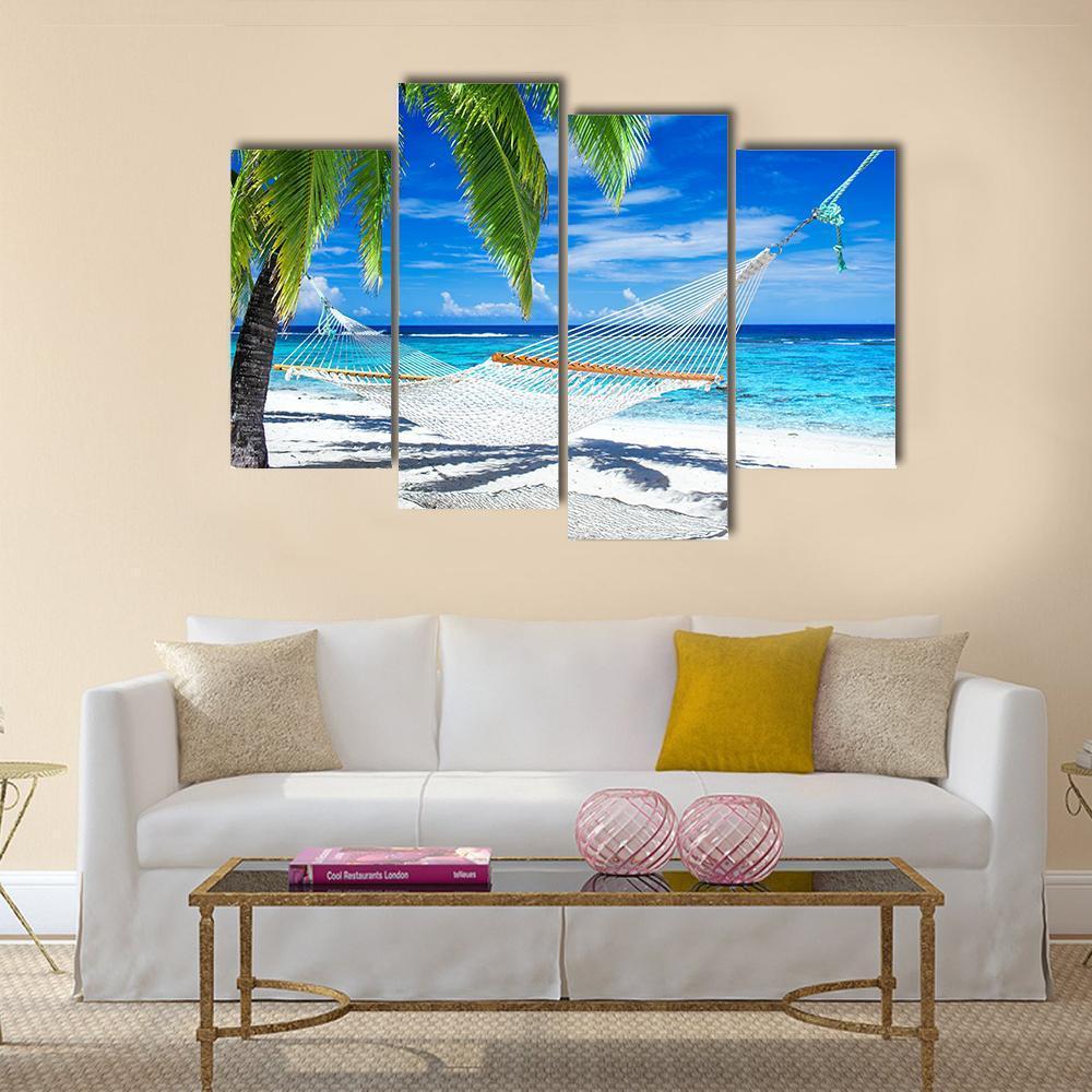 White Hammock On Beach Canvas Wall Art-4 Pop-Gallery Wrap-50&quot; x 32&quot;-Tiaracle