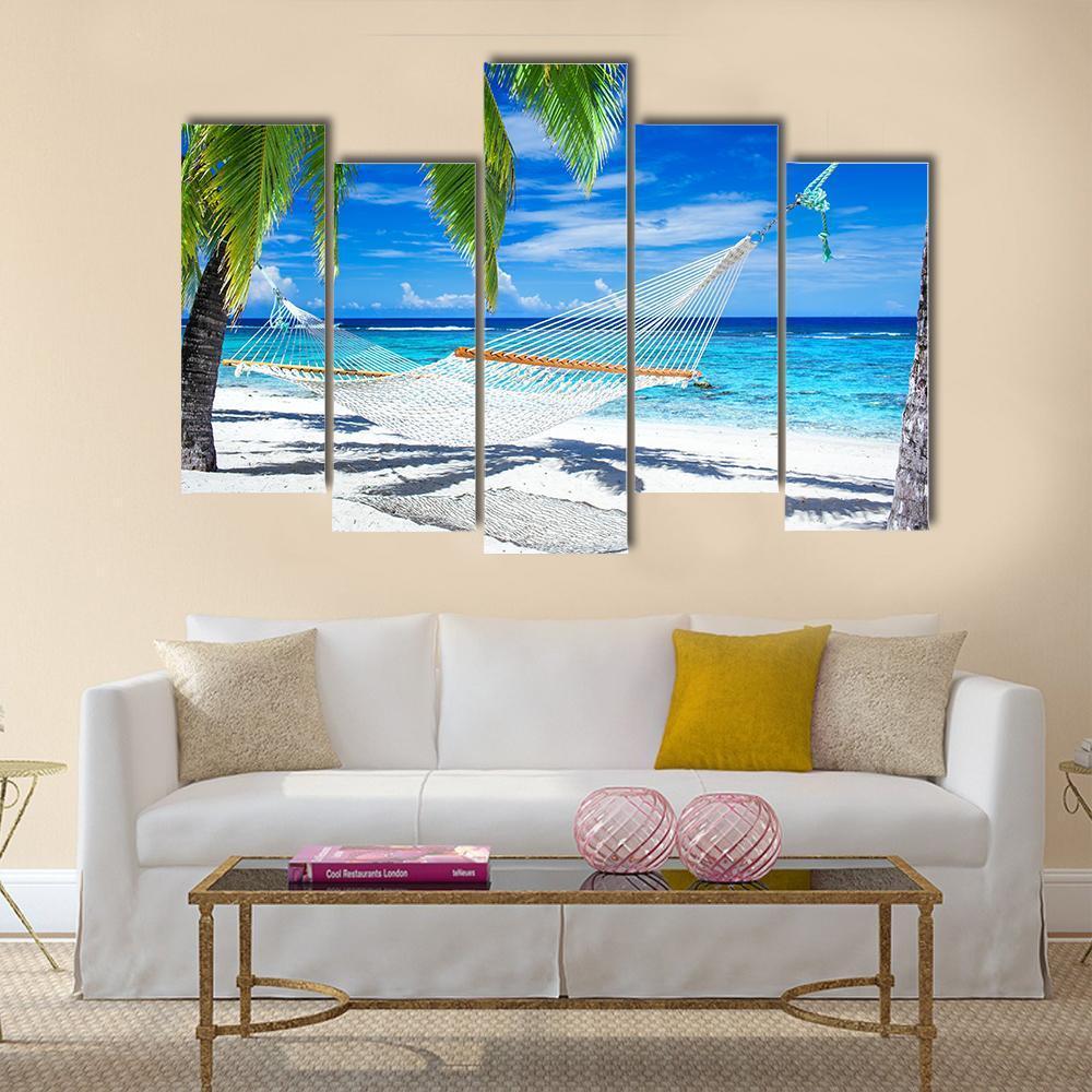 White Hammock On Beach Canvas Wall Art-5 Pop-Gallery Wrap-47&quot; x 32&quot;-Tiaracle