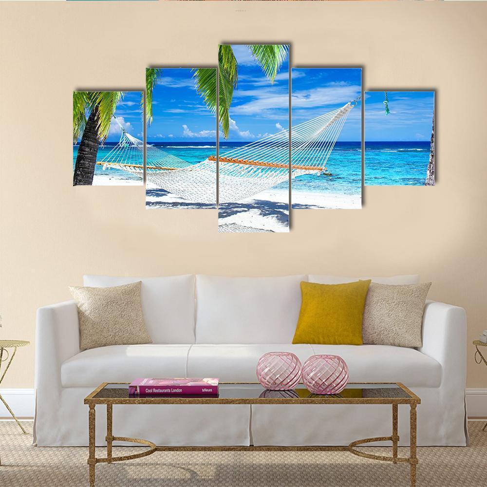 White Hammock On Beach Canvas Wall Art-5 Star-Gallery Wrap-62&quot; x 32&quot;-Tiaracle