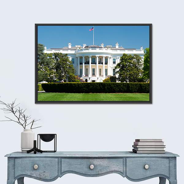 White House On Deep Blue Sky Canvas Wall Art-1 Piece-Floating Frame-24" x 16"-Tiaracle