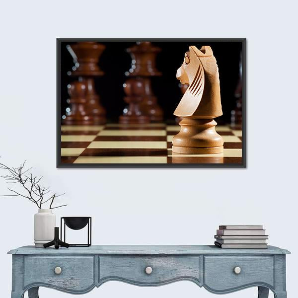 White Knight Chess On Chessboard For Game Canvas Wall Art-1 Piece-Floating Frame-24&quot; x 16&quot;-Tiaracle