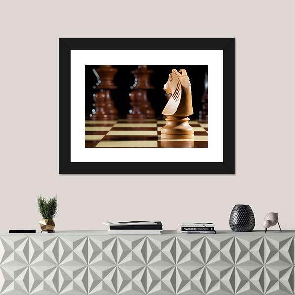 White Knight Chess On Chessboard For Game Canvas Wall Art-1 Piece-Framed Print-20&quot; x 16&quot;-Tiaracle