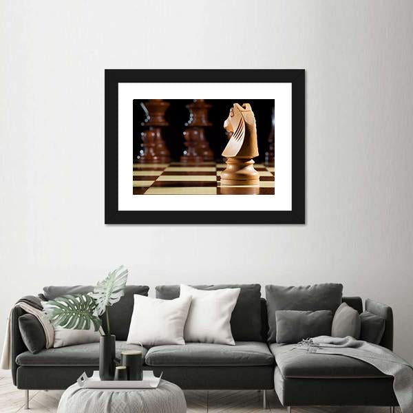 White Knight Chess On Chessboard For Game Canvas Wall Art-3 Horizontal-Gallery Wrap-25&quot; x 16&quot;-Tiaracle
