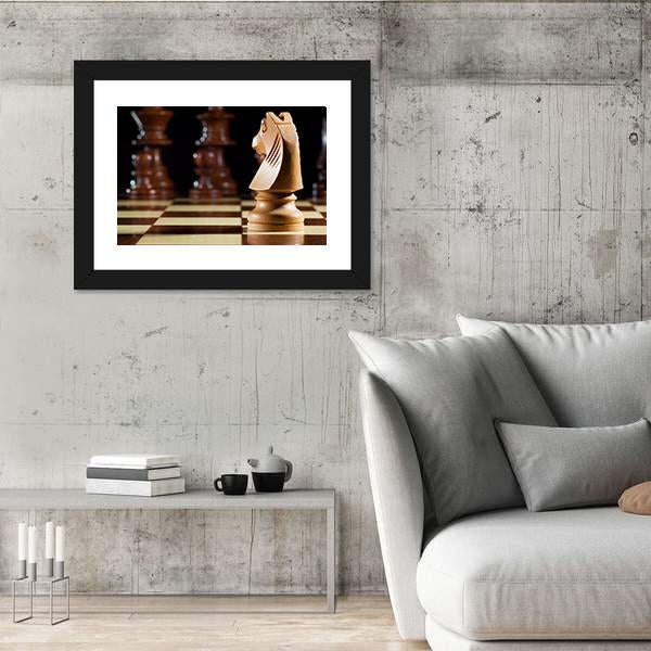 White Knight Chess On Chessboard For Game Canvas Wall Art-3 Horizontal-Gallery Wrap-25&quot; x 16&quot;-Tiaracle