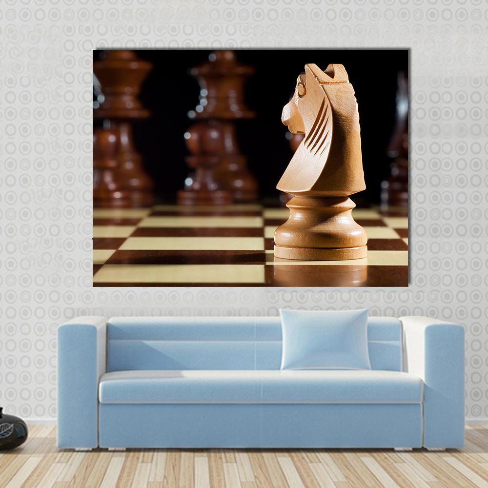 White Knight Chess On Chessboard For Game Canvas Wall Art-1 Piece-Gallery Wrap-48&quot; x 32&quot;-Tiaracle