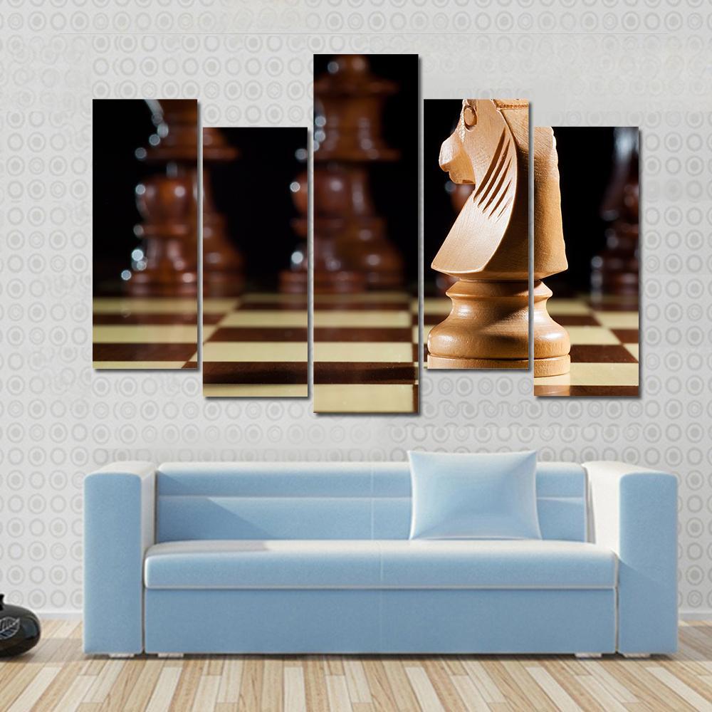 White Knight Chess On Chessboard For Game Canvas Wall Art-5 Pop-Gallery Wrap-47&quot; x 32&quot;-Tiaracle