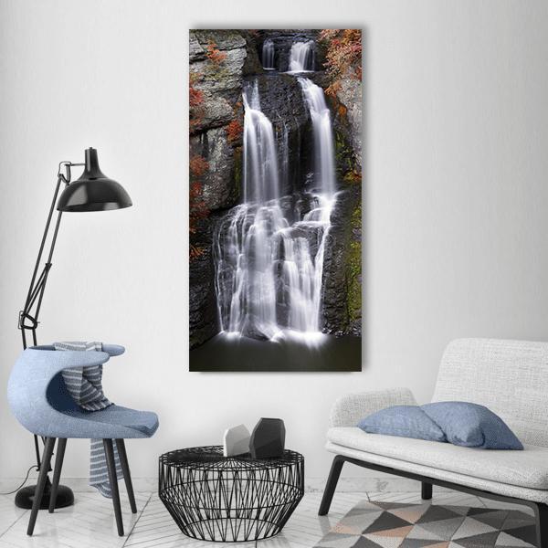 White Mood Waterfall in Autumn Vertical Canvas Wall Art in black, white and gray, single vertical panel hung on a wall