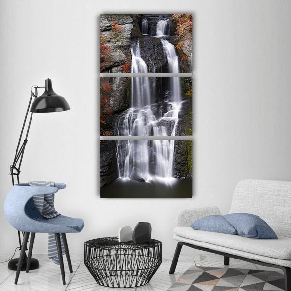 White Mood Waterfall Landscape In Autumn Vertical Canvas Wall Art-3 Vertical-Gallery Wrap-12" x 25"-Tiaracle