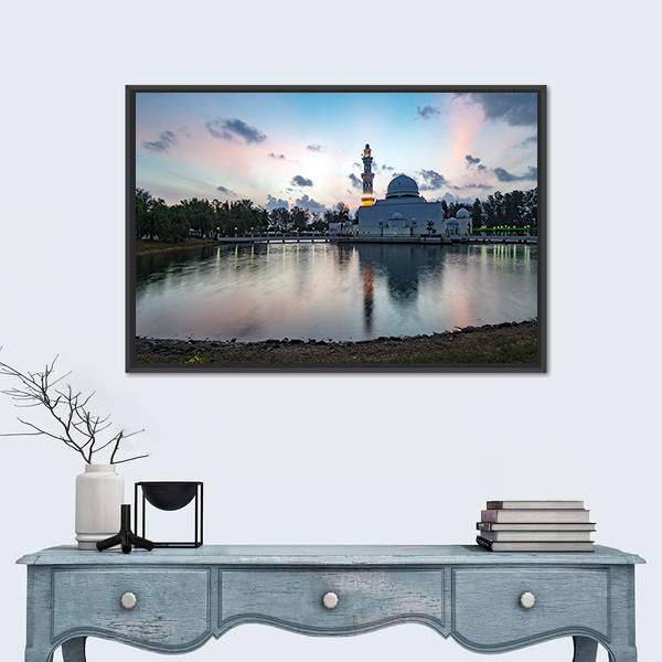 White Mosque By The Lakeside Canvas Wall Art-1 Piece-Floating Frame-24" x 16"-Tiaracle