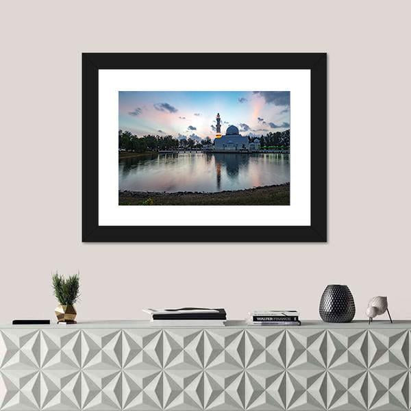 White Mosque By The Lakeside Canvas Wall Art-1 Piece-Framed Print-20" x 16"-Tiaracle