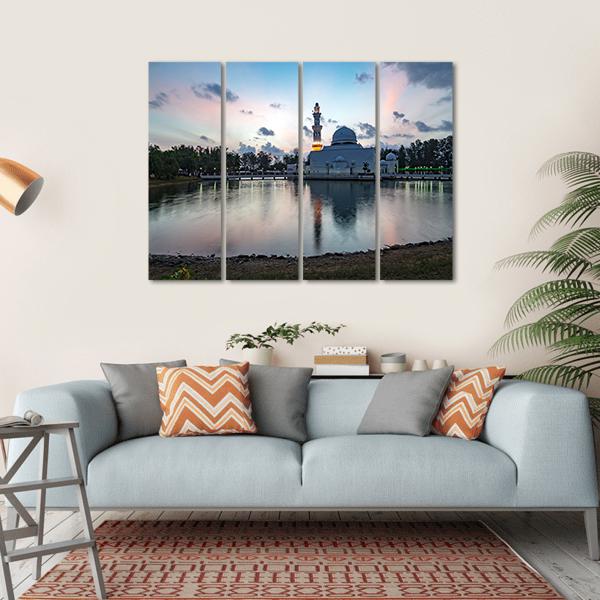 White Mosque By The Lakeside Canvas Wall Art-4 Horizontal-Gallery Wrap-34" x 24"-Tiaracle
