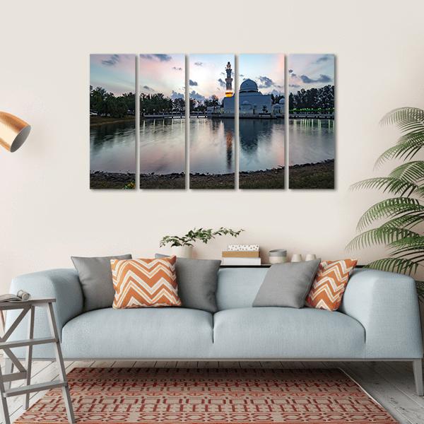 White Mosque By The Lakeside Canvas Wall Art-5 Horizontal-Gallery Wrap-22" x 12"-Tiaracle