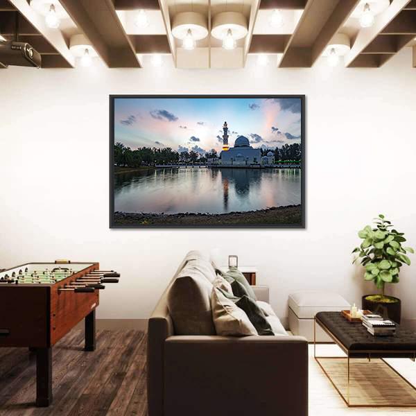 White Mosque By The Lakeside Canvas Wall Art-3 Horizontal-Gallery Wrap-25" x 16"-Tiaracle