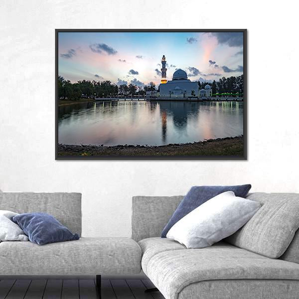 White Mosque By The Lakeside Canvas Wall Art-5 Horizontal-Gallery Wrap-22" x 12"-Tiaracle