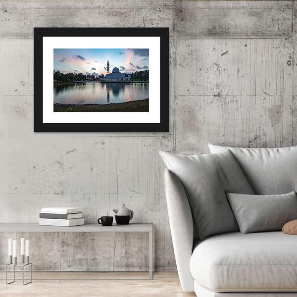 White Mosque By The Lakeside Canvas Wall Art-3 Horizontal-Gallery Wrap-25" x 16"-Tiaracle